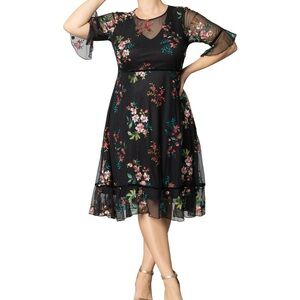 Black A-Line Midi Dress with Bell Sleeves
